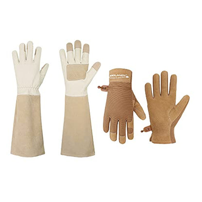 HANDLANDY Bundle - 2 Pairs: Rose Pruning Long Gardening Gloves, Ladies Heavy Duty Yard Work Gloves - Beige, Khaki, Medium