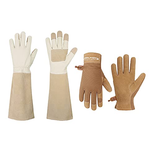 HANDLANDY Bundle - 2 Pairs: Rose Pruning Long Gardening Gloves, Ladies Heavy Duty Yard Work Gloves - Beige, Khaki, Medium