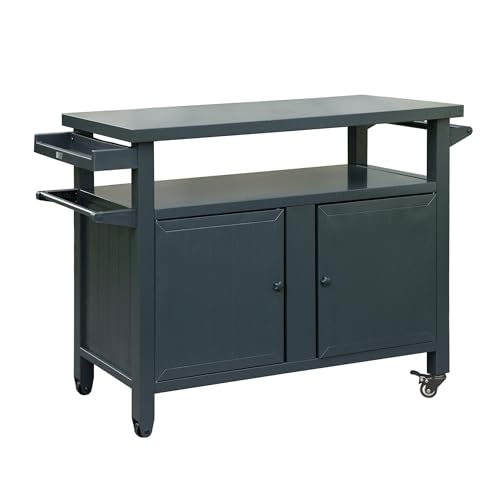 Outdoor Storage Box and Grill Prep Table with Wheels, 83 Gallon Metal Patio Storage Cabinet for BBQ Tools and Garden Gear, Lockable Lid and Side Shelves, 51.67 x 20.31 x 35.51 Inches, Grey - color: Grey - 51.67 X 20.31 X 35.51 Inch