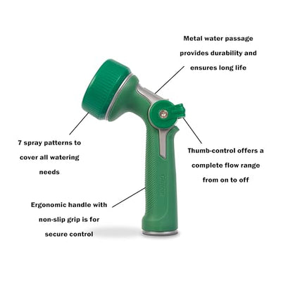 Gilmour Medium Duty Garden Hose Nozzle with 7 Adjustable Spray Patterns, Water Hose Nozzle for Watering Garden or Lawn, Green