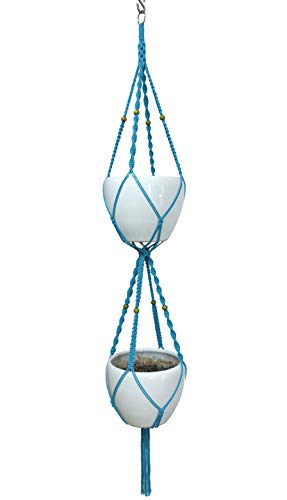 Macrame Plant Hanger & Holder, Hanging Planter 4 Legs Double Deck for 8 inch to 10 inch Two Pots Indoor Outdoor Hanging Planter Cotton Rope 67 Inch with Metal Ring (Cotton-Turquoise) - color: Turquoise