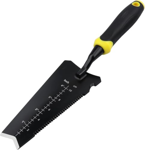 Heavy-Duty Yellow Garden Trowel. Serrated Root Cutter.