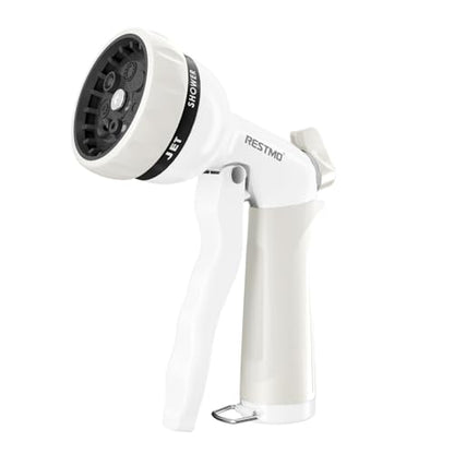 RESTMO Garden Hose Nozzle, Heavy Duty Metal Water Hose Nozzle with 7 Adjustable Spray Patterns, High Pressure Hand Sprayer with Flow Control, Best for Watering Plant & Lawn, Washing Car & Pet, White - color: White