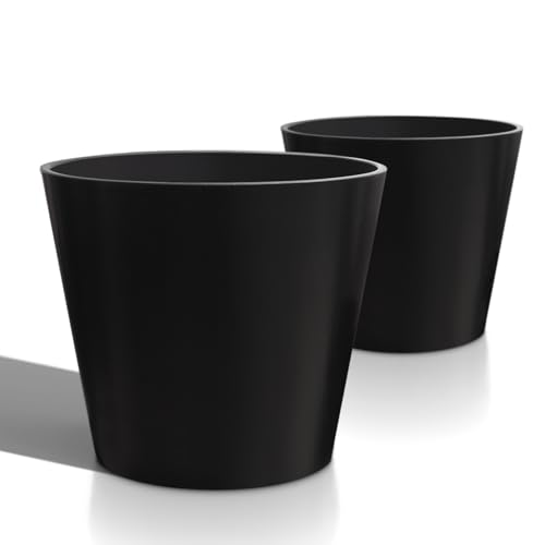 Heyzier Wide Planters for Outdoor Plants, Extra Large Indoor Flower Pots for Garden, Front Porch, Patio - Round Resin Planter Set of 2 (Black, 16" D x 13" H) - size: 16" D x 13" H