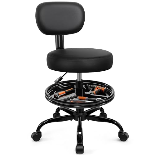 BestGlory Shop Stool with Wheels for Garage, Mechanics Rolling Chair with Backrest, Adjustable Height Heavy Duty Garage Stool with Footrest and Storage Tray, Swivel Task Chair for Workshop Salon - color: Black