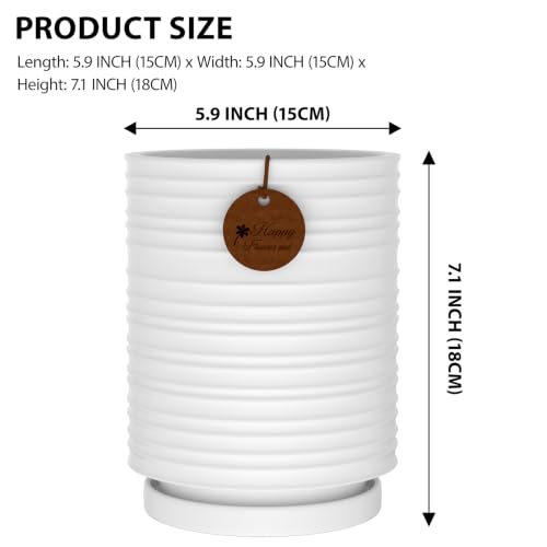 5.9 Inch White Ceramic Planter with Drainage and Saucer - color: White, size: Medium