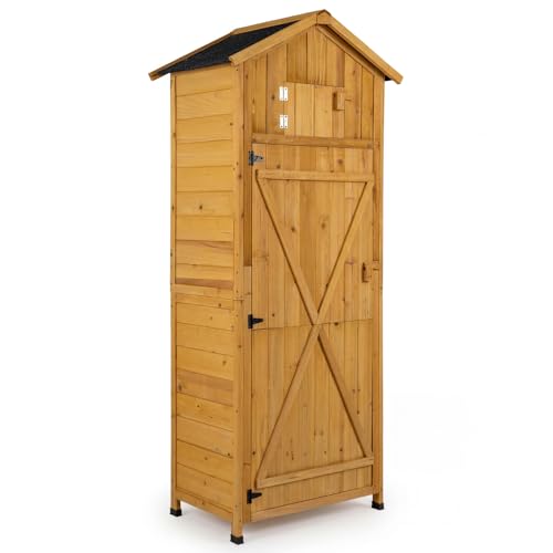 Outdoor Storage Shed, 70” Tall Outside Tool Cabinet w/Safety Latch, Hooks, Shelves & Folding Table, Wooden Garden Shed with Weather-Resistant Roof, for Patio, Backyard, Lawn (Natural) - color: Natural