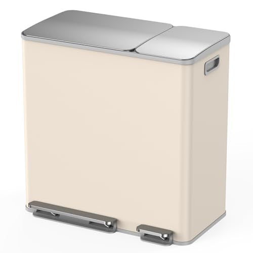 Lovewind Double Trash Can Kitchen, 13+5.5 Gallon Stainless Steel Dual Trash and Recycle Bin Combo with Silent Close Lid, Heavy-Duty Foot Pedal, Easy to Clean Garbage Can for Large Families, Apricot - color: Apricot, size: 13+5.5 Gallon