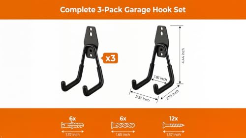3 Pack Heavy Duty Garage Hooks, Wall Mounted Tool Hangers