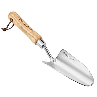Berry&Bird Stainless Steel Trowel, Garden Small Flower Hand Shovel, Potting Soils Scoop with Wood Handle, Gardening Bonsai Tools for Transplanting Digging Weeding Planting - color: Hand Shovel, size: Small