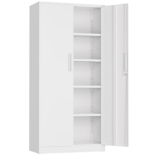 Incbruce 72” Metal Storage Cabinet, Locking Tall Steel Storage Cabinet with 2 Doors and 4 Adjustable Shelves for Garage, Home, Office (White) - color: White, size: 72"Storage Cabinet