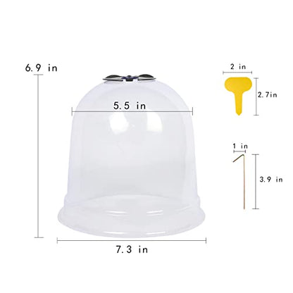 MorTime 6 Pack Garden Cloche Plant Dome, 7.3" D x 6.9" H Plastic Plant Bell Cover Reusable Mini Greenhouse with 18 Ground Securing Pegs & 10 Plant Labels for Outdoors Frost Freeze Protection