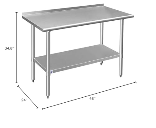 ROCKPOINT Stainless Steel Table for Prep & Work with Backsplash 24x48 Inches, NSF Metal Commercial Kitchen Heavy Duty Table with Adjustable Under Shelf and Table Foot for Restaurant, Home and Hotel - size: 24x48inch, style: with Backsplash