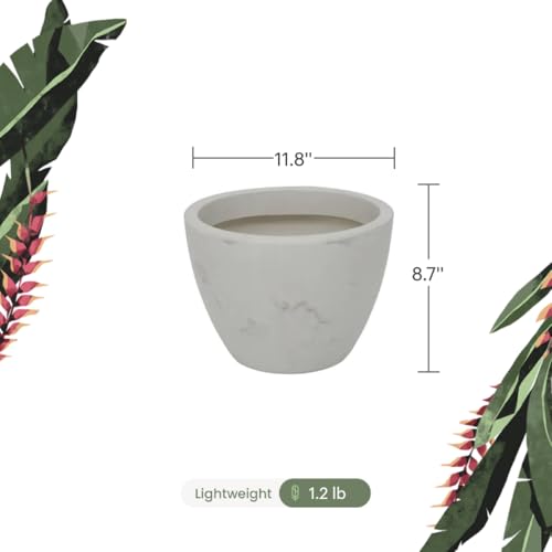 12" Wide Planter | Eco-Friendly Round Planter for Indoor or Outdoor Deck/Porch | Durable All-Weather Use Modern Pot for Trees, Flowers, Plants - Marbled Off-White - color: Marbled White, size: 8.7" H x 11.8" W
