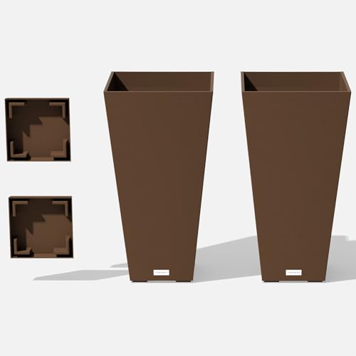 Veradek Pure Series Taper Planter & Drip Tray - Tapered Planter with Shelf - color: Espresso, size: 26 inch - 2 pack with saucers