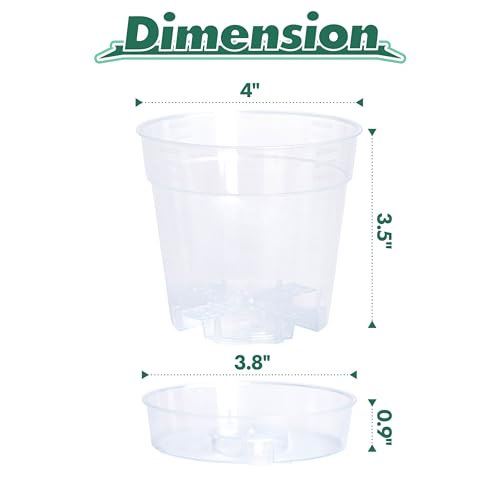4 Inch Clear Plastic Plant Pot with Drainage Holes, Interlocking & Detachable Tray - Deep Saucer - Durable BPA-Free Plastic, Transparent Design, Raised Base for Airflow, Set of 6, 92-X-A-2 - size: 4" x 3.5"