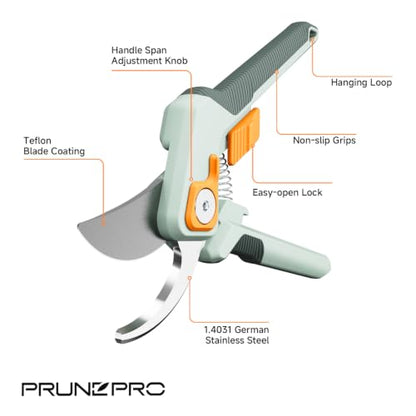 PrunePro® 8.2" Pruning Shears Ultra Sharp Lightweight Bypass Plant Clippers - color: Green