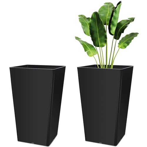 Briwooody Set of 2 15.75 Inch Large Taper Planters Outdoor Indoor Tall Resin Flower Pots with Drainage Holes Modern for Front Door Patio Backyard Plants(Black) - color: Black
