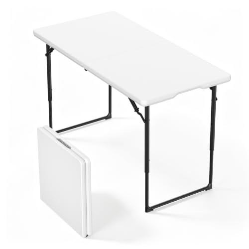 Folding Table, 4FT Foldable Picnic Table with Adjustable Height, Heavy Duty Fold-in-Half Portable Table for Weddings, Camping, RV Travel, Parties, BBQs, and Indoor Use, Easy to Fold and Store - color: White, size: 4FT