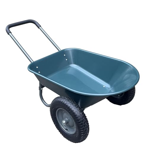 Dual Wheel Wheelbarrow, Heavy Duty Garden Cart, 600 Lbs Capacity Utility Cart with Two Pneumatic Tires, Backyard Plastic Wheelbarrow Cart with Built-in Stand for Outdoor Lawn Yard Farm Ranch (Green)