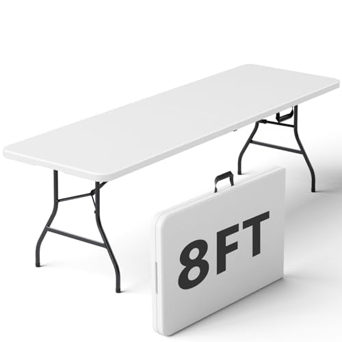 Folding Table, 8FT Foldable Picnic Table with Carrying Handle, Heavy Duty Fold-in-Half Portable Table for Weddings, Camping, RV Travel, Parties, BBQs, and Indoor Use, Easy to Fold and Store, White - color: White, size: 8FT