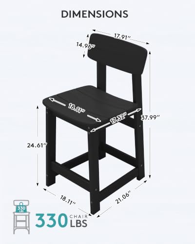 SERWALL Outdoor HDPE Counter-Height Bar Stools Set of 2, Black - color: Black, size: 2 Bar Stools