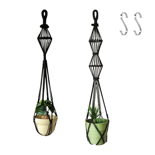 Hourglass Floating Macrame Plant Hangers 2 Pack Handmade Cotton Rope Hanging Planters Basket with S Hooks, Diamond Openwork Boho Home Decor for Indoor Outdoor, Plants Holder 35" & 39” (Black) - color: Black