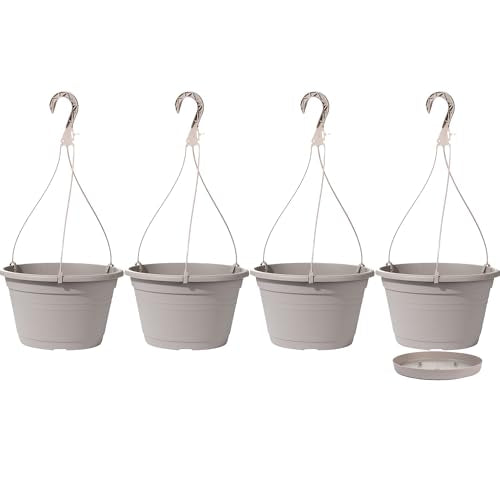 4 Pcs Hanging Planters,10" Hanging Pots Plastic Hanging Flower Plant Basket with Drainage Trays & Chain Holder for Outdoor Indoor Plants Garden Balcony Decoration, Light Gray - color: Light Gray