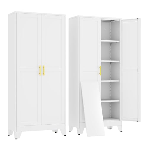 erosoei 71" H Metal Garage Storage Cabinet, Metal Pantry Cabinet with 2 Doors, Locker Steel Cabinet with 4 Adjustable Shelves, Freestanding Cupboard for Garage,Office,Home,Gym,School - color: White, size: 71"-NCasNLck