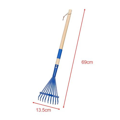 Garden Rake Leaf Rake Heavy Duty with Wood Handle Farming Home Garden Tool Accessories for Shrub Flower Beds Yard Lawns, Blue