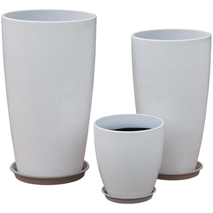 24,21,11 Inch Large Plastic Planters with Drainage Hole and Saucer - Set of 3 Tall Plant Pots Indoor Flower Pot Tall Round Planters Outdoor Large Tall Planter - color: White