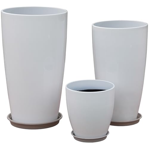 24,21,11 Inch Large Plastic Planters with Drainage Hole and Saucer - Set of 3 Tall Plant Pots Indoor Flower Pot Tall Round Planters Outdoor Large Tall Planter - color: White