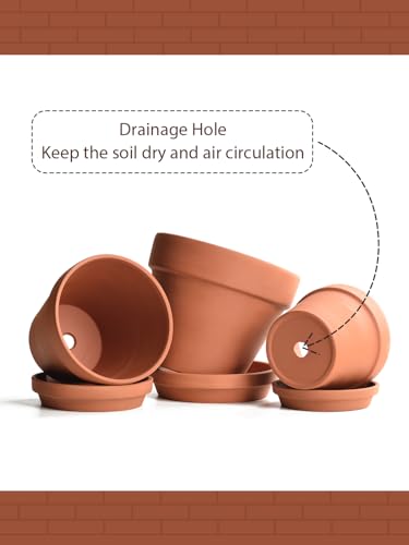 INGOFIN Terracotta Pots Set with Saucer - 5/6/7 inch Ceramic Clay Planters with Drainage Hole, Garden Flower Succulent Pots with Tray for Indoor Outdoor Plants, Set of 3 - size: 5/6/7 inch -3 pcs