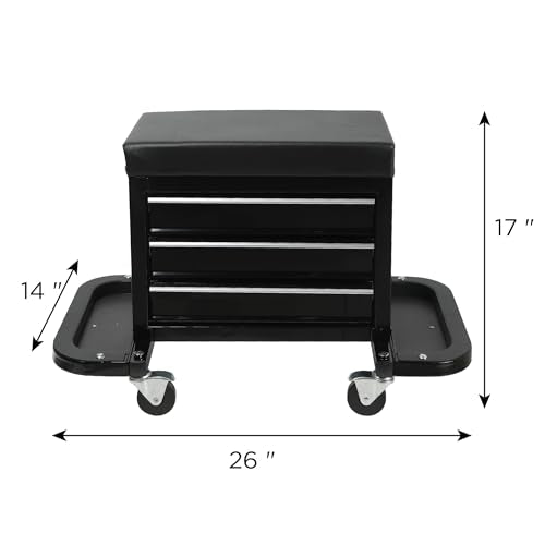 Rolling Mechanic Stool with Wheels, Creeper Seat with 3 Built-in Tool Drawers & 2 Fold-Down Side Tool Trays for Shop & Work, Garage Use - color: Black W/3 Front Drawers