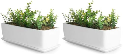 MyGift 14 Inch Ceramic Indoor Plant Pot with Drainage Hole, Rectangular Succulent Planter Window Box with Removable Saucer, Unglazed White (Pack of 2) - size: 14.5 inch (Pack of 2)