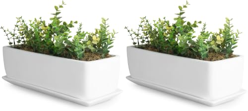 MyGift 14 Inch Ceramic Indoor Plant Pot with Drainage Hole, Rectangular Succulent Planter Window Box with Removable Saucer, Unglazed White (Pack of 2) - size: 14.5 inch (Pack of 2)