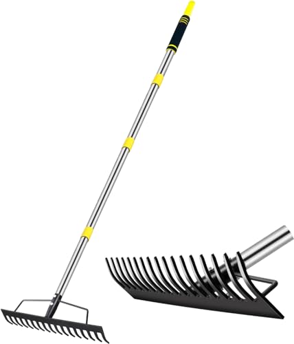 5.4FT Heavy Duty Garden Bow Rake with Stainless Steel Handle, 17 Tines Metal Head for Soil Loosening, Leaf Gathering, and Lawn Leveling (Yellow-D)