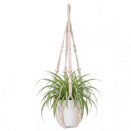 Macrame Plant Hanger Indoor, 23" No Tassel Hanging Plant Holder, Sturdy Flower Pot Holder with 2 Hooks - Ivory (Pot NOT Included) - color: Ivory, size: 23"-1pc