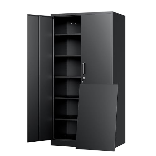 Yizosh Metal Storage Cabinet with Lock - 72" Garage Storage Cabinet with 2 Locking Doors and 5 Adjustable Shelves, Black Steel Lockable for Office,Home,Garage - color: Black, size: 72"H x 36"W x 18"D (5 Shelves)