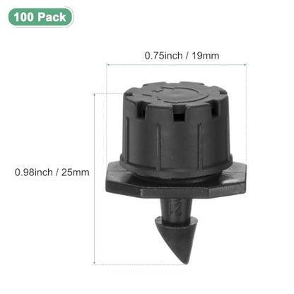M METERXITY 100-Pack 360 Degree Adjustable Irrigation Dripper, 1/4 Inch Barbed Emitter Drip Sprinklers for Garden/Greenhouse/Flower Bed/Watering System, Anti-Clogging Emitters [Black] - color: Black