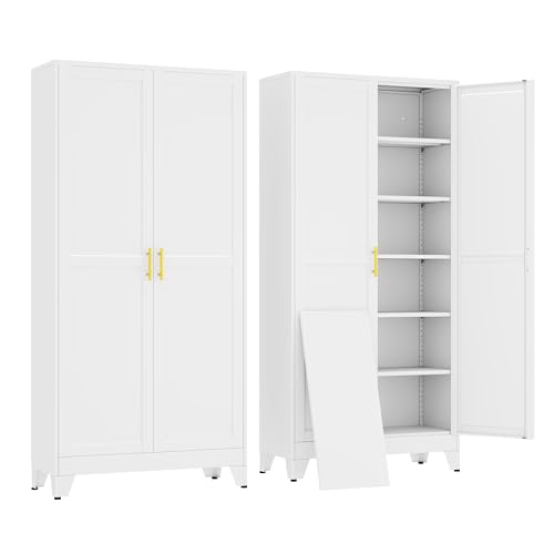 erosoei 75" H Large Metal Garage Storage Cabinet, Metal Pantry Cabinet with 2 Doors, Locker Steel Cabinet with 5 Adjustable Shelves, Freestanding Cupboard for Garage,Office,Home,Gym,School - color: White, size: 75"Large -NCasNLck