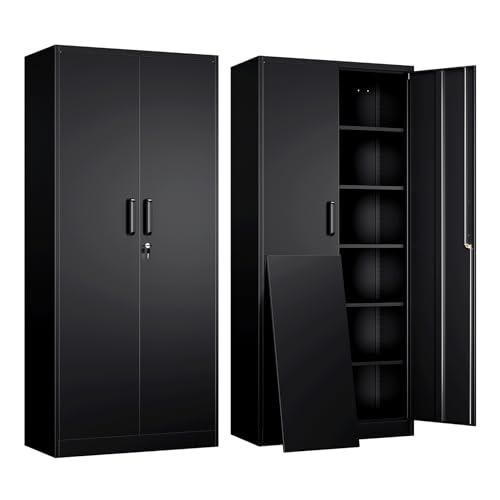 Yizosh Metal Garage Storage Cabinet with 2 Doors and 5 Adjustable Shelves - 71" Steel Lockable File Cabinet,Locking Tool Cabinets for Office,Home,Garage,Gym,School (Black) - color: Black, size: 71"H x 31.5"W x 15.7"D (5 Shelves)