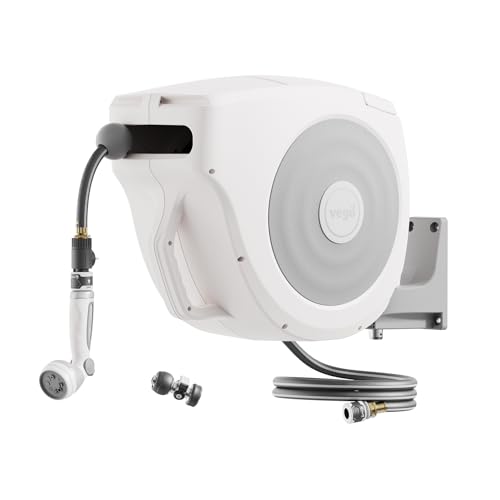 Vego Garden Hose Reel Retractable Hi-Flow Wall Mounted Hose Reel Automatic Rewind, Any Length Lock with 9 Patterns Sprayer Nozzle, Quick Connector and Adjustable shot Nozzle (Cloud White, 82ft) - color: Cloud White, size: 82ft