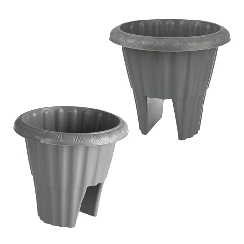 Railing Planter Box 2-Pack - 13.5-Inch Round Outdoor Flower Pots with Drainage Inserts - 2.64-Gallon Outdoor Planters for Porch, Deck, Fence, or Balcony Railings 3” - 3.75” Wide by Pure Garden (Gray)