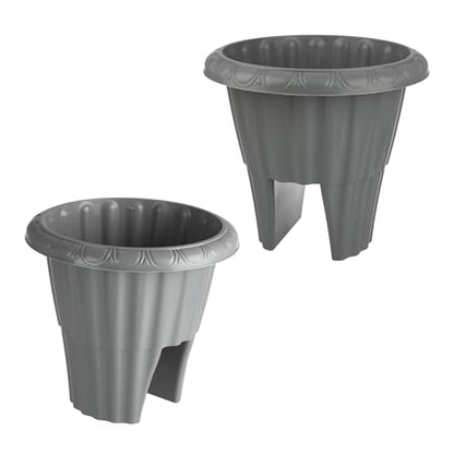 Railing Planter Box 2-Pack - 13.5-Inch Round Outdoor Flower Pots with Drainage Inserts - 2.64-Gallon Outdoor Planters for Porch, Deck, Fence, or Balcony Railings 3” - 3.75” Wide by Pure Garden (Gray)