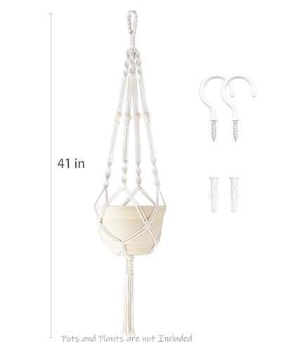 41 Inch Macrame Plant Hanger Indoor Hanging Plant Holder Ivory 2Pcs