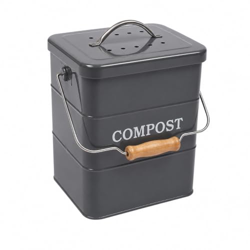 Compost Bin Kitchen Countertop Indoor Compost Pail Bucket, Great for Food Scraps, Carbon Steel, Handles, Gray, 1 Gallon - Includes Charcoal Filter - color: Gray