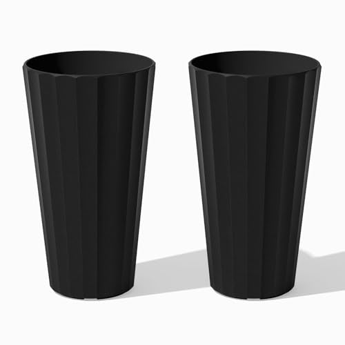 Veradek Column Series Tall Planter - Tapered Outdoor Planter with Shelf - color: Black, style: Wide Groove - 2 Pack