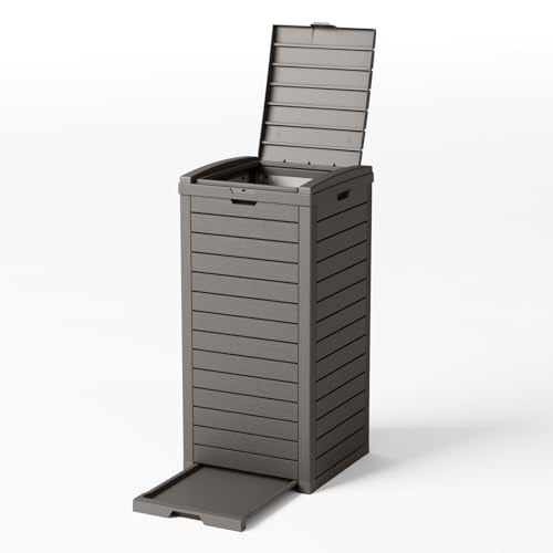 PatioZen 31 Gallon Outdoor Trash Can, Waterproof Trash Can Cabinet for Outside, Resin Garbage Bin with Lid and Drip Tray for Easy Cleaning for Patios, Kitchens, and Outdoor Entertaining（Light Gray） - color: Light Gray, size: 31 Gallon