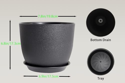8 Inch Plant Pots Set of 4, Plastic Planters with Drainage Holes and Tray, Flower Pots for Indoor Outdoor Plants and Flowers (Black) - color: Black